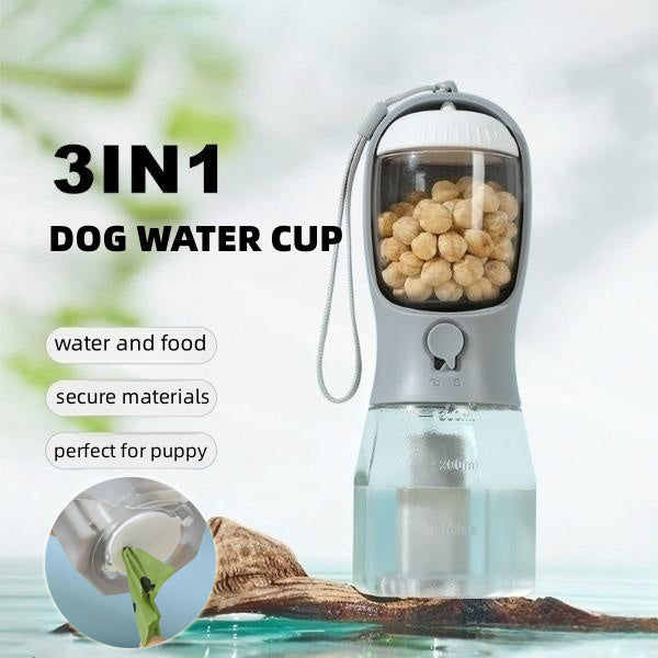 Dog Water Bottle 3 in 1, leak proof portable pet water bottle with food container and poop bag dispenser for dog.