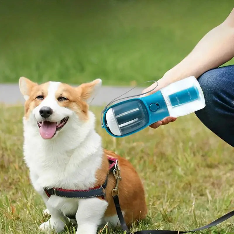 Dog Water Bottle 3 in 1, leak proof portable pet water bottle with food container and poop bag dispenser for dog.