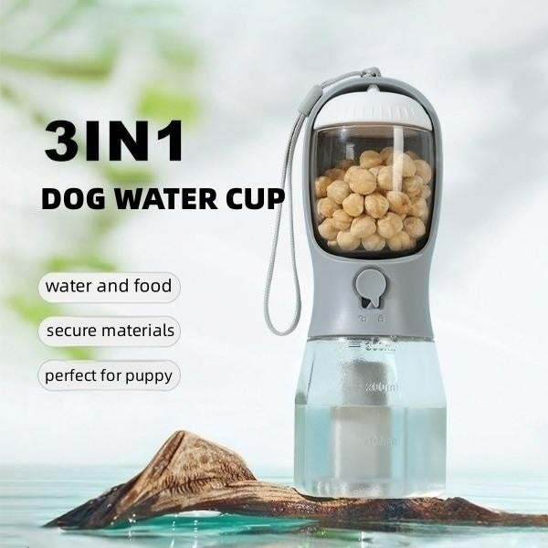 Dog Water Bottle 3 in 1, leak proof portable pet water bottle with food container and poop bag dispenser for dog.